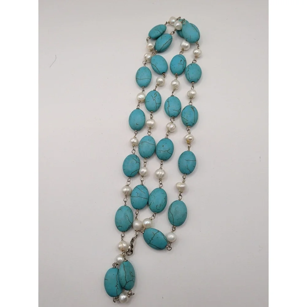 Vintage Long Strand Necklace‎ With Faux Turquoise And Pearls